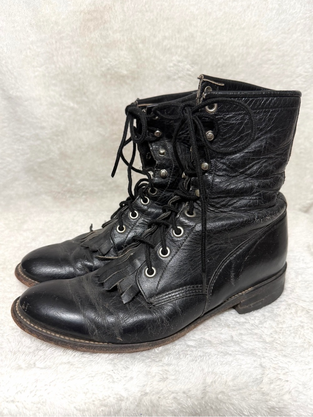 Vintage Justin black leather lace-up roper boots size 7.5
